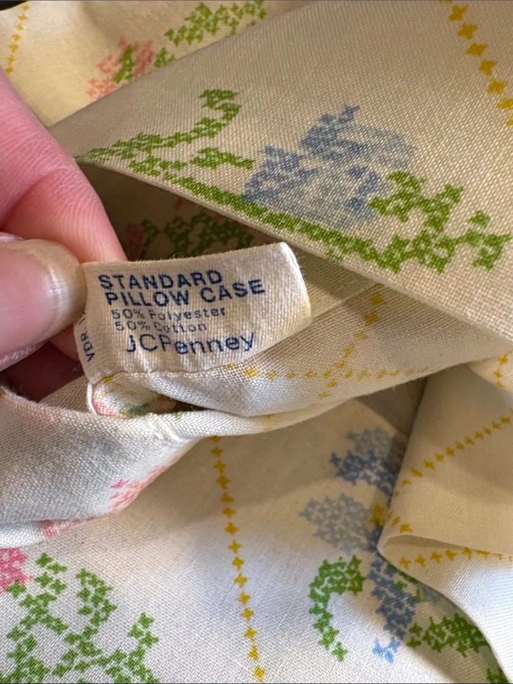 Vintage Floral Cross-Stitch Pattern pillowcases in White with Pink & Blue FF